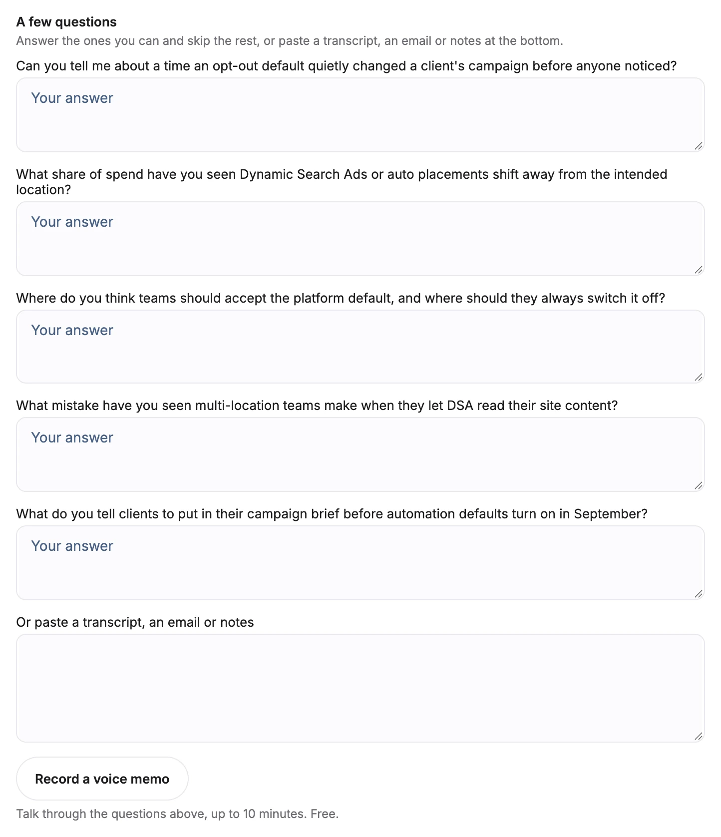 A plan card's five interview questions with answer boxes, a notes box, and a Record a voice memo button