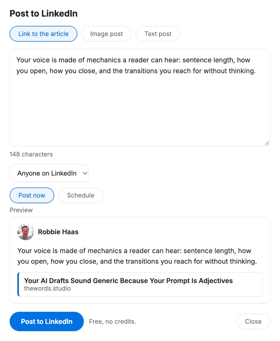 The Post to LinkedIn window with the post text, Post now and Schedule options, and a preview of the post with its article link
