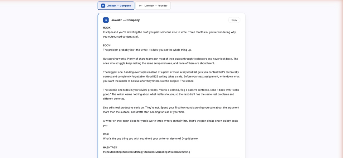 The Words Studio Repurpose screen showing one article distributed into LinkedIn Company and LinkedIn Founder posts, each with its own hook, body, and CTA