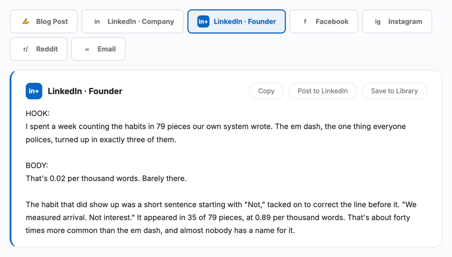 Repurpose output with seven channel tabs and the LinkedIn founder version of a piece