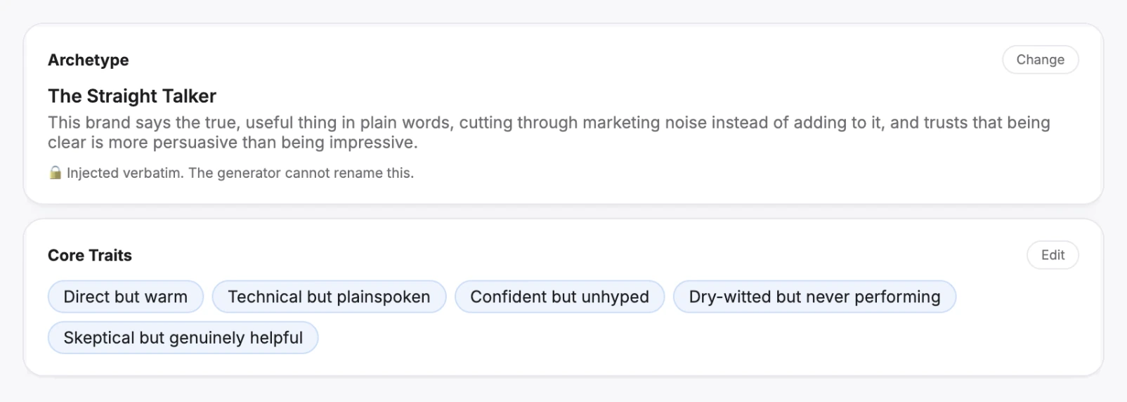 The Voice screen with the brand archetype, The Straight Talker, and its five core traits
