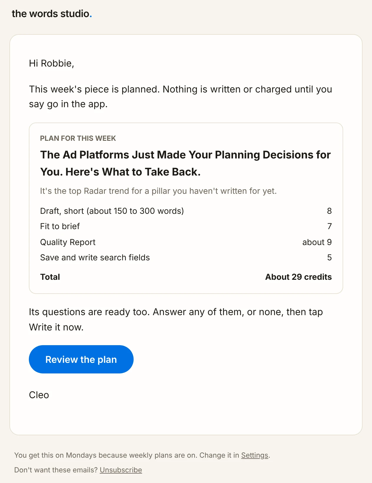 The weekly plan email from Cleo, showing this week's topic, four priced steps, a total of about 29 credits, and a Review the plan button